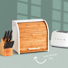Load image into Gallery viewer, Homefully Double Layer Bread Box for Kitchen Storage &amp; Organisation with Chopping Board, 2 Layer Extra Large Wooden Roll Top Bread Bin
