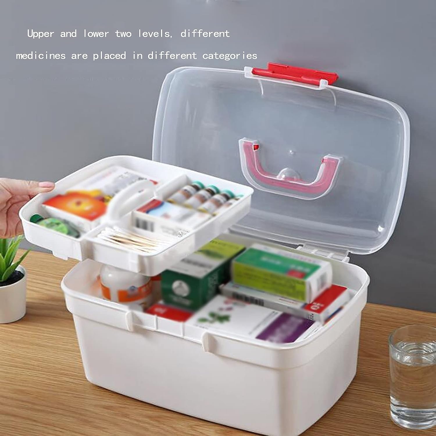 Multi-Purpose First Aid Kit, Storage Container Box with Detachable Tray, Medicine Lock Box for Safe Medication Storage,L