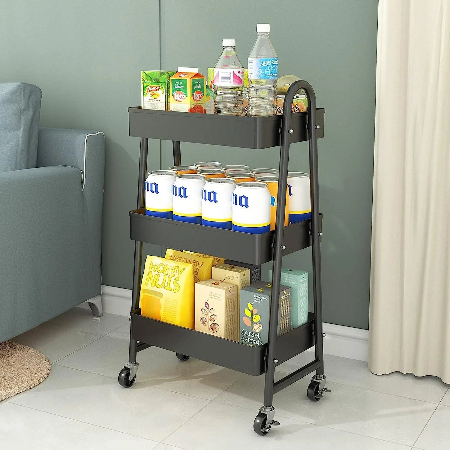 3 Tier Utility Rolling Cart, Heavy-Duty Mesh Storage Cart with Locking Wheels, Metal Mobile Trolley Cart for Home, Kitchen, Bathroom, Office, Black