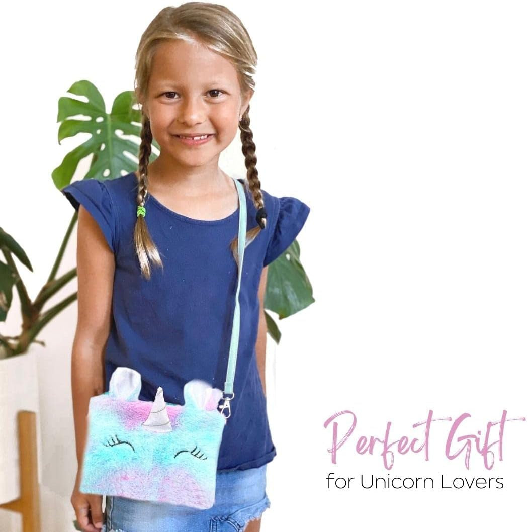 Girls Unicorn Shoulder Bag - Cross Body Fluffy Unicorn Bag with Adjustable Strap and Zipper