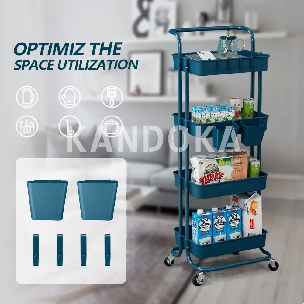 4 Tier Rolling Cart Organizer Kitchen Utility Cart with Wheels Kitchen Storage Cart on Wheels Spice Rack Organizer with Handle & Hooks & Cups Trolley Pantry Organizer Shelf Bathroom Accessories(Blue)
