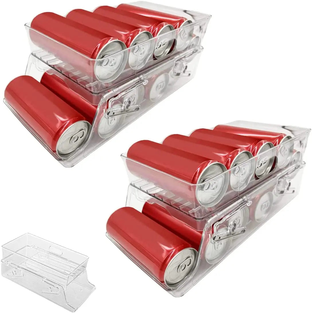 2-Pack Soda Can Organiser Bin for Refrigerator, 2-Tier Stackable Can Holder Dispenser with Automatic Rolling, Fridge Storage Rack, for Australia Beverage Beer Soda Seltzer Pop Can and Canned Food, for Fridge Freezer Pantry Cabinet Kitchen, Clear Design