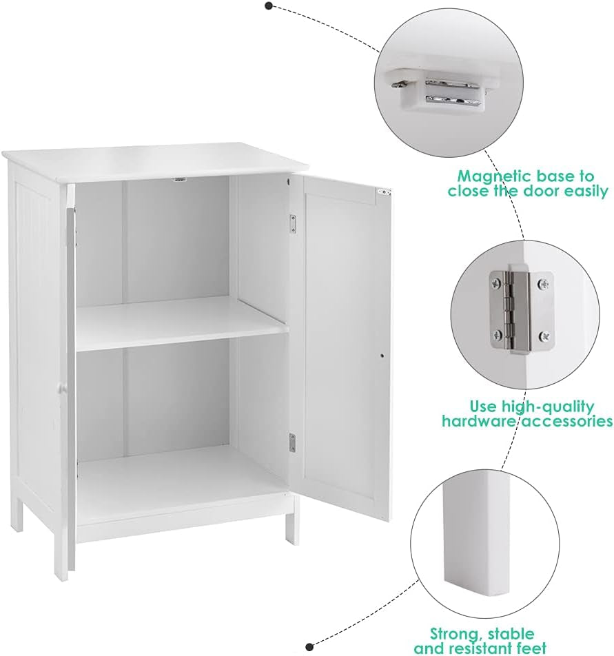 Bathroom Floor Cabinet W/Double Doors, Floor Storage Cabinet W/Shelf, Free Standing Toilet Storage Unit, Laundry Cupboard, Entryway Utility Organizer Cabinet for Bathroom, Kitchen (White)