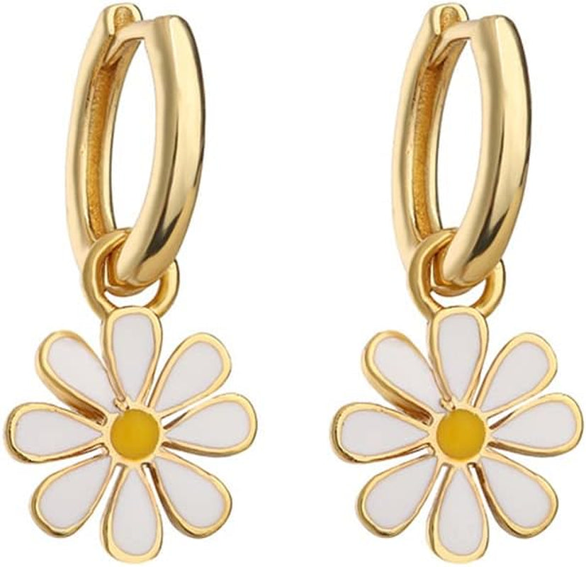 Small Hoop with Daisy Flower Charm Earrings for Women Teen Girls Cartilage Hypoallergenic Nickel Free Dainty Cute 14K Gold Plated Lucky Flowers Short Dangle Drop Piercing Hinged Huggie Hoops Fashion Jewelry