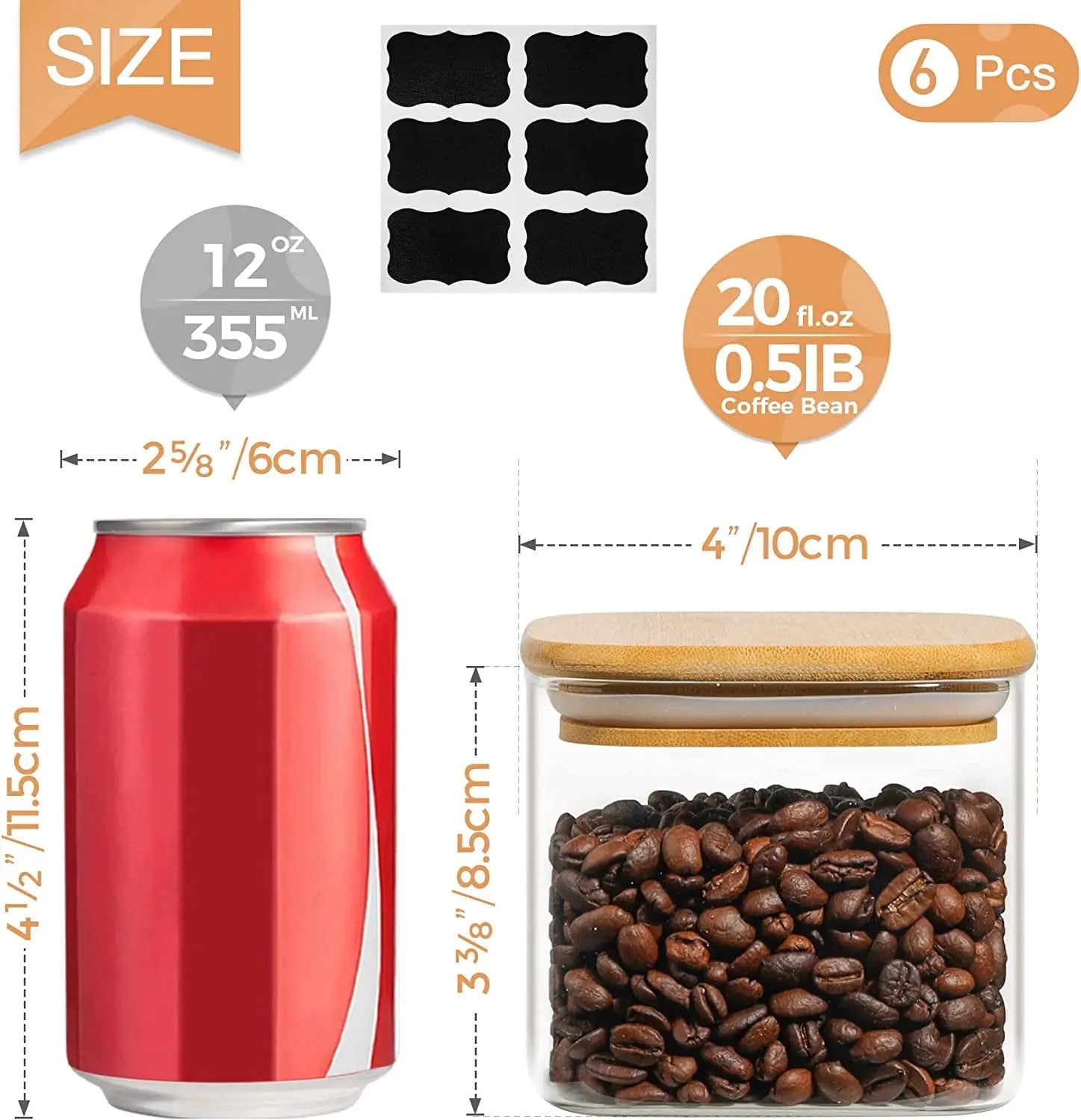 20 Oz Glass Food Storage Jars Set of 6, Clear Storage Containers with Airtight Bamboo Lid, Pantry Organization Jar, Spice, Blooming Tea, Coffee and Sugar Container, Canister Set for Kitchen