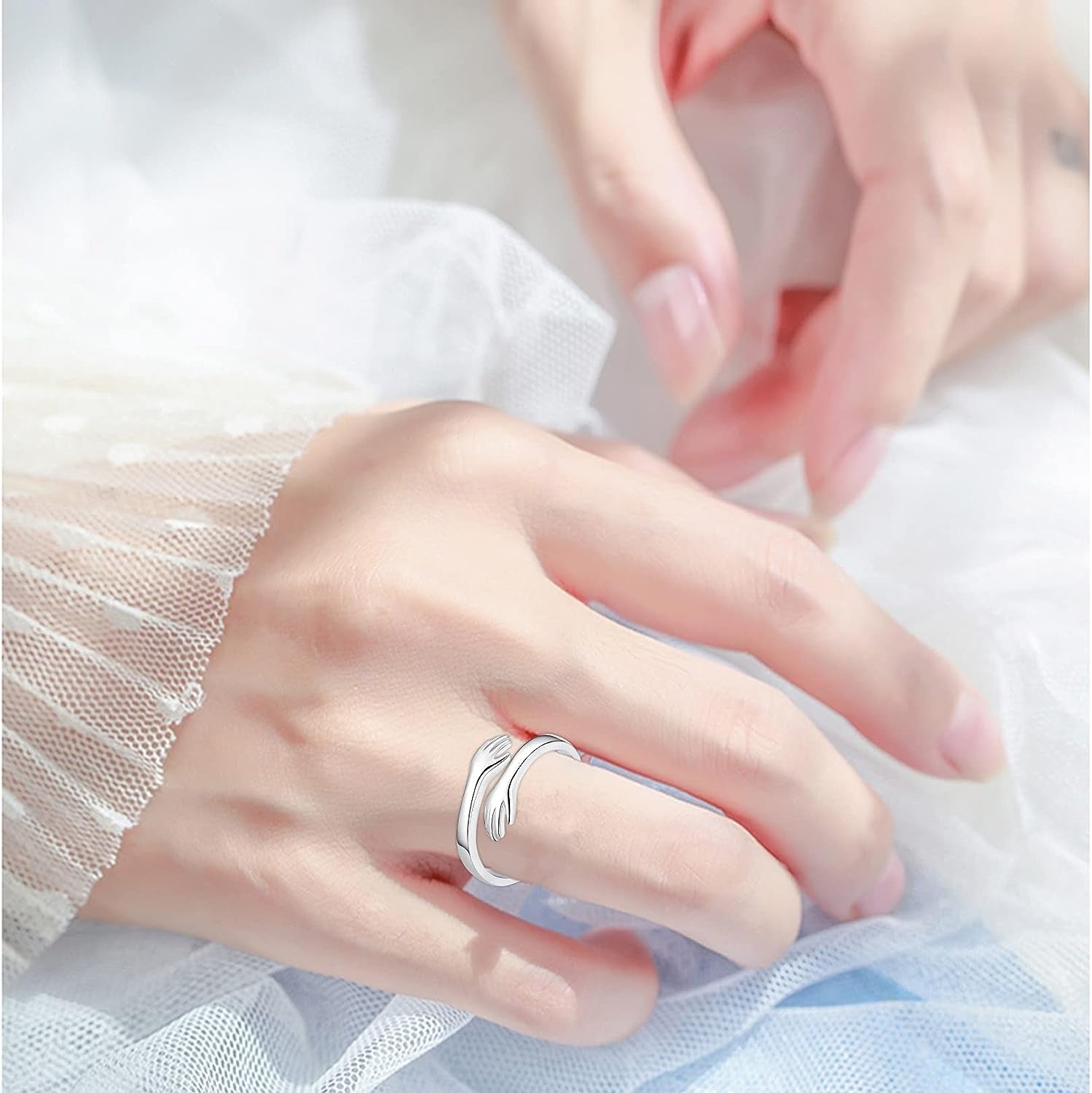 Hug Ring for Women Sterling Silver Adjustable Ring for Teen Girls, Daughter Hand Ring Jewelry,Mothers Day Birthday Gifts for Her Daughters Mom Sister Wife Friends Grandma Girlfriend