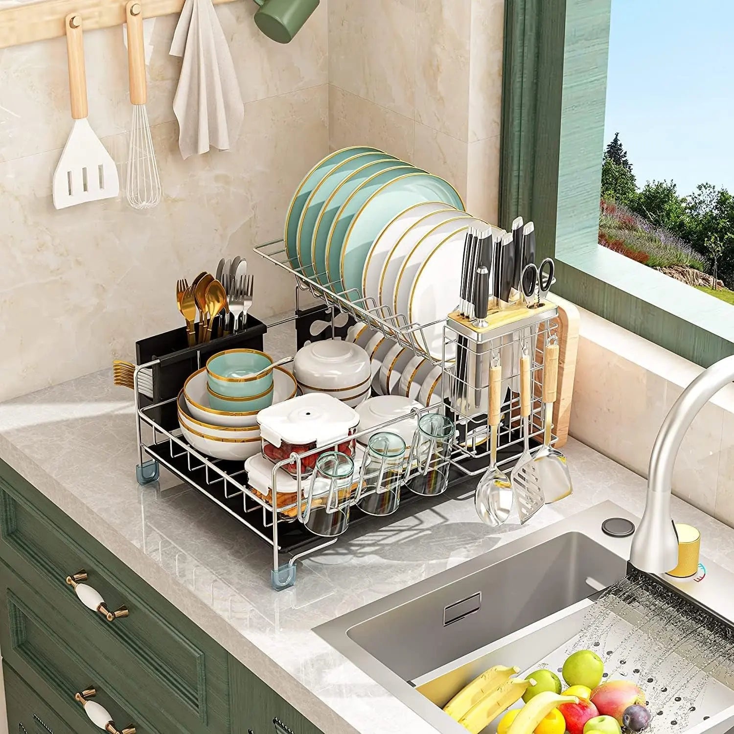 Dish Drying Rack Stainless Steel Dish Rack with Cup Utensil Holder Knife  Holder