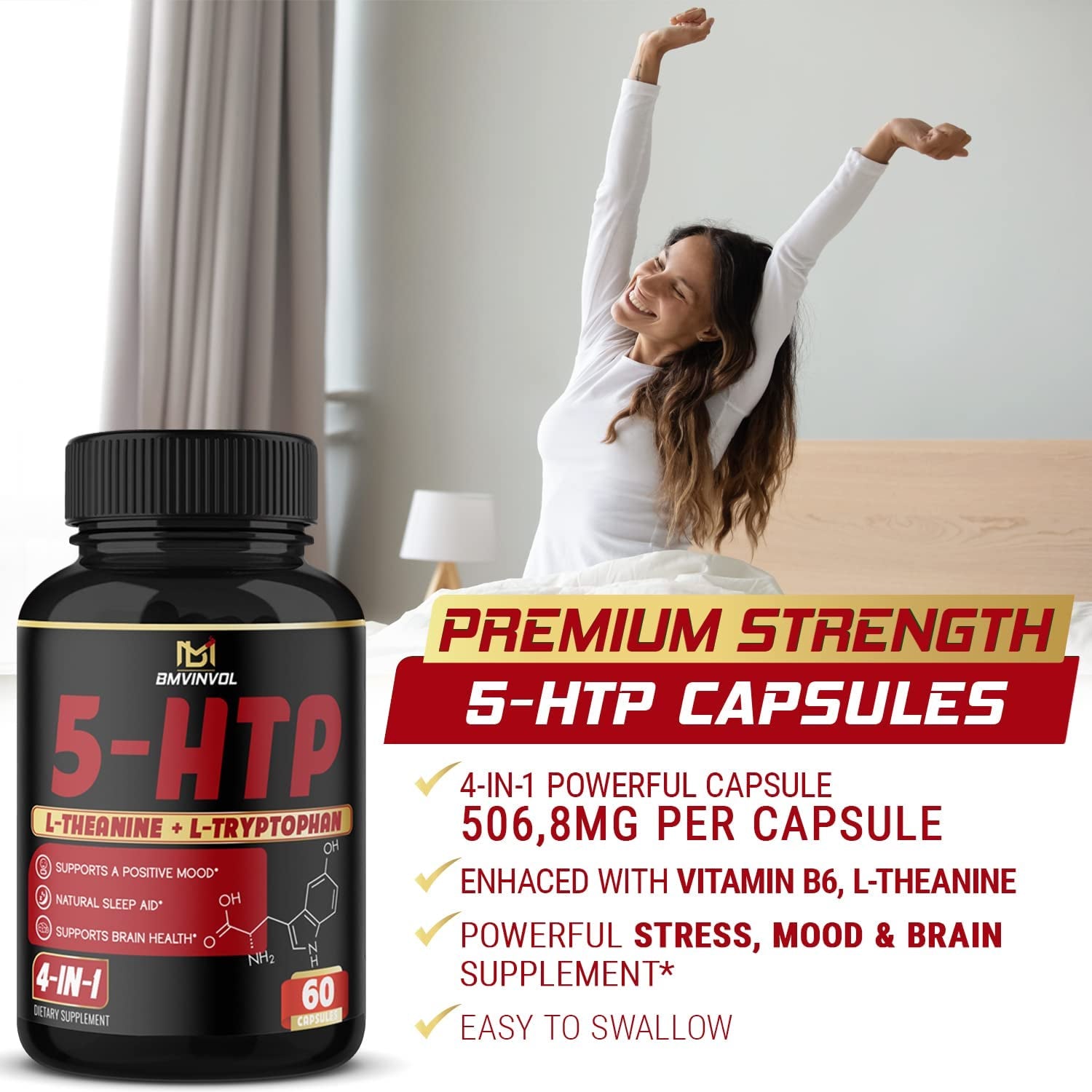 𝟓𝐇𝐓𝐏 Capsules with - 𝐕𝐢𝐭𝐚𝐦𝐢𝐧 𝐁𝟔, 𝐋-𝐓𝐡𝐞𝐚𝐧𝐢𝐧𝐞, 𝐋-𝐓𝐫𝐲𝐩𝐭𝐨𝐩𝐡𝐚𝐧 - 5HTP Extra Strength Supplement - 5 Hydroxytryptophan