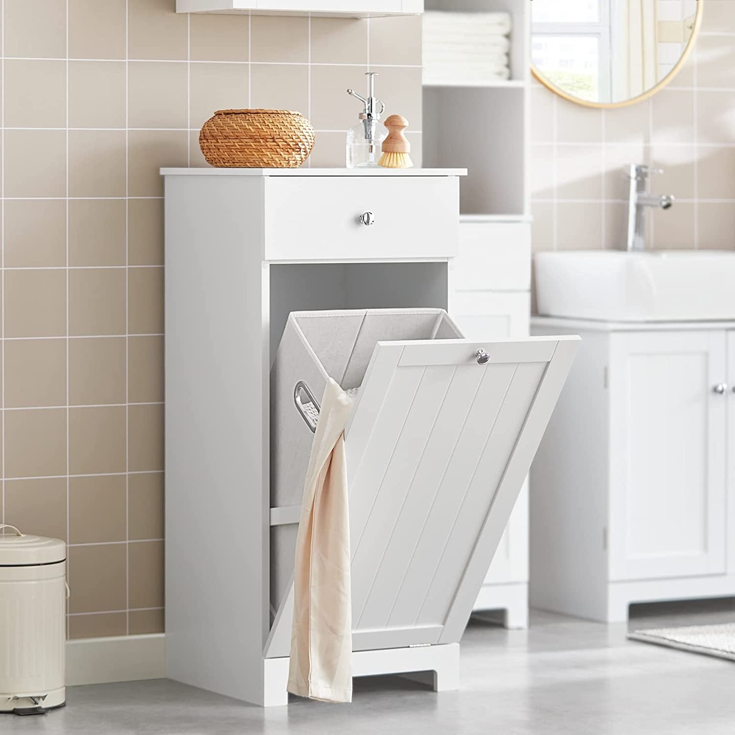 White Laundry Cabinet with Basket and Drawer, Tilt-Out Laundry Hamper, Storage Cabinet, BZR21-W