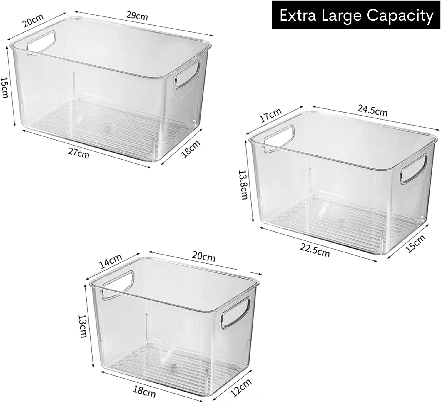 ™ Organiser Bins – 3 Piece Transparent Storage Bins Can Be Used as Fridge Organiser, Kitchen Cabinets Organiser, Pantry Organiser, Bathroom, or in Wardrobe Organiser