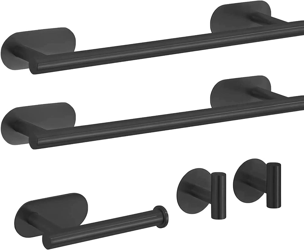 Adhesive Towel Bar,Bath Towel Bars/15.7-Inch Bathroom Towel Hanger Kitchen Storage Organizer SUS304 Stainless Steel Wall Mount (Black 5-Piece Set)