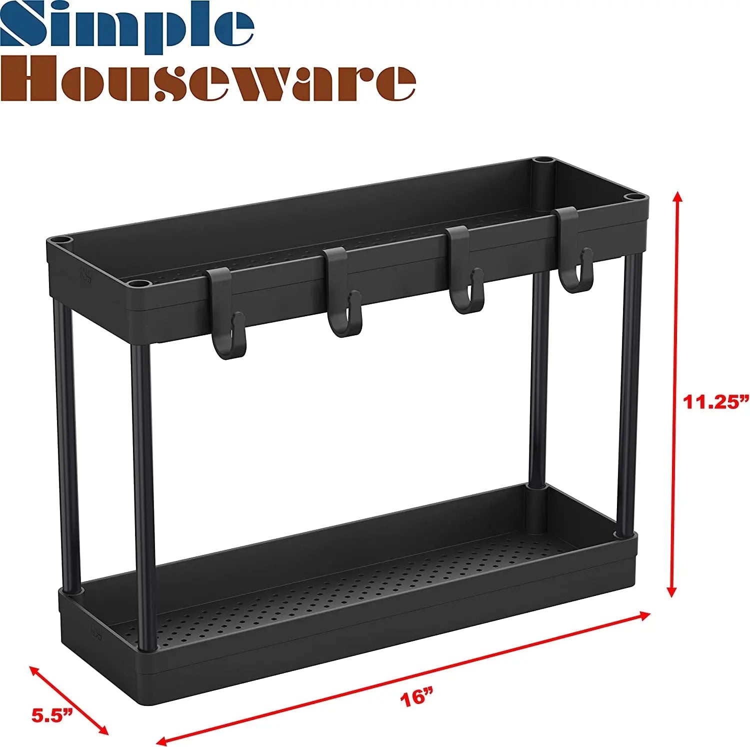 Simplehouseware 2-Tier under Sink Organizer Storage Tray with Hooks, Black