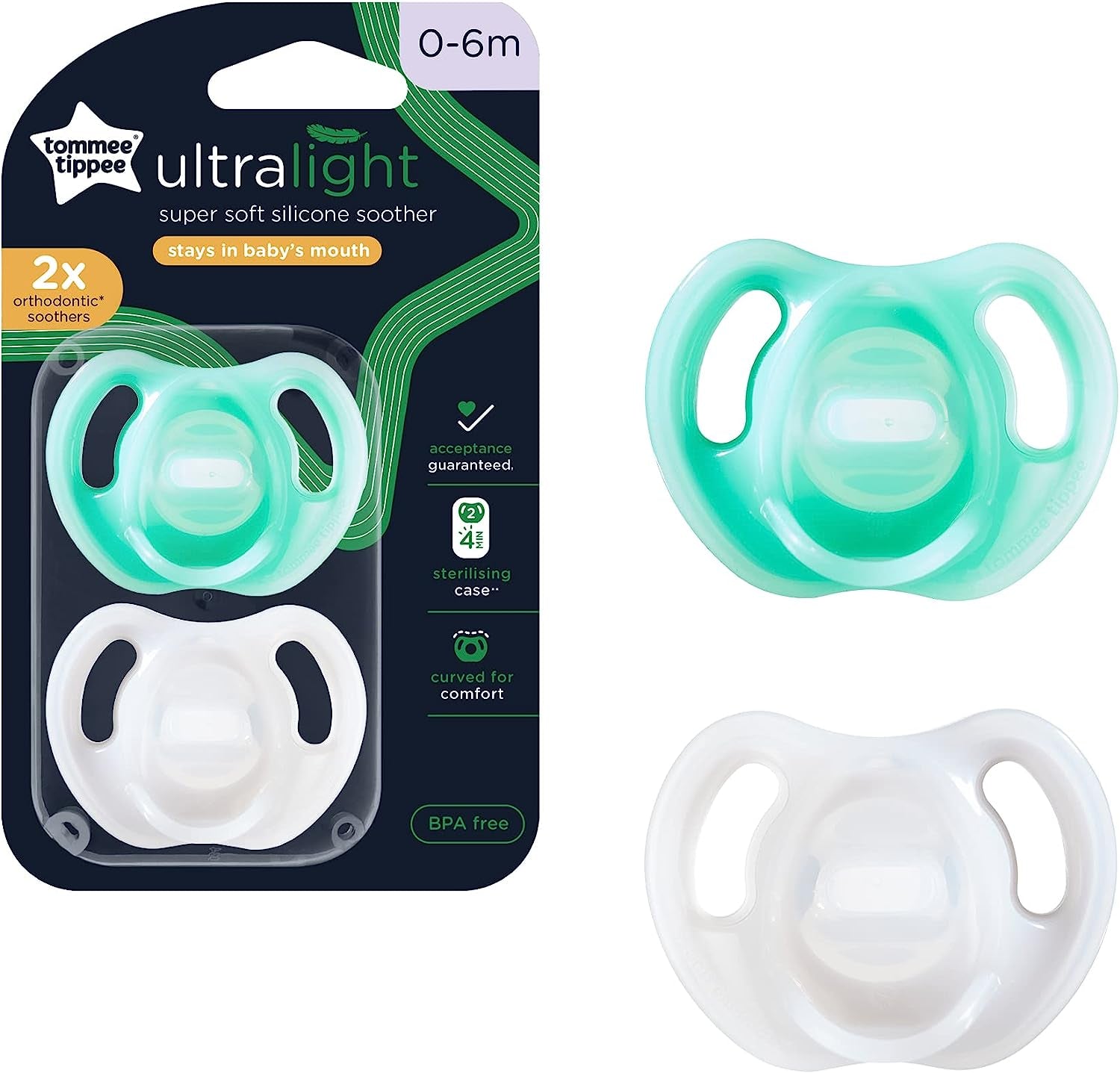 Ultra-Light Silicone Soother, Symmetrical Orthodontic Design, Bpa-Free, One-Piece Design, 0-6 Months, Pack of 2 Dummies, Assorted Colours, Colours & Designs May Vary