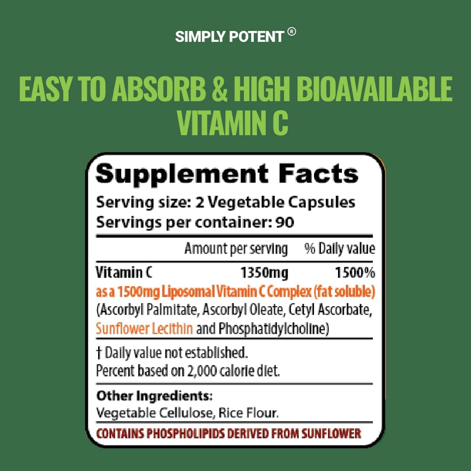 Liposomal Vitamin C 1500Mg, 180 Vit C Capsules, Stronger Supplement than Liposomal Vitamin C 1000Mg or Vitamin C 500Mg, High Dose Ascorbic Acid Vitamin C Antioxidant for Collagen Immune Support Heart