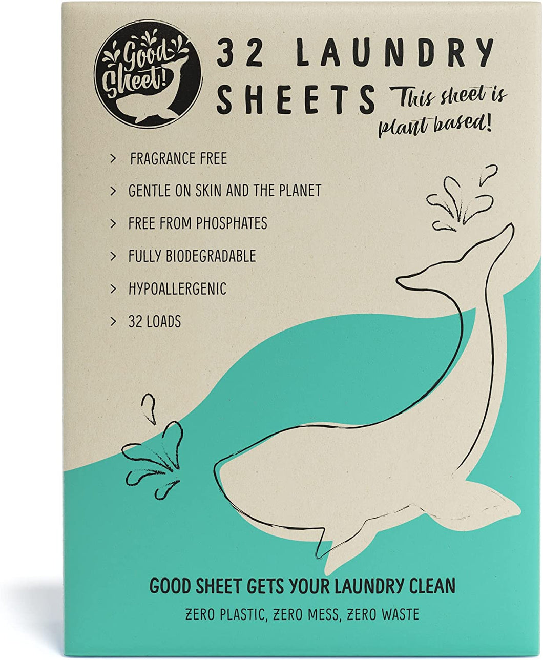 Eco Laundry Detergent Sheets, Fragrance Free, Great for Travel, No Plastic, Totally Plant-Based, 32 Washes, Fully Degradable Laundry Sheet Strips for Washing Clothes