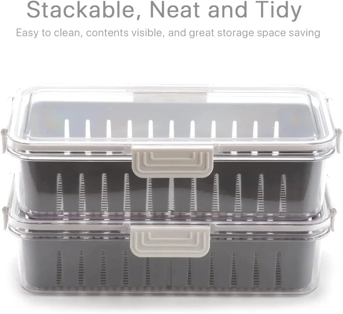 Set of 2 Kitchen Storage Box Stackable Container Organisation Bin with Snap Lid Removable Basket, Vegetable and Fruit Storage Container for Fridge Refrigerator