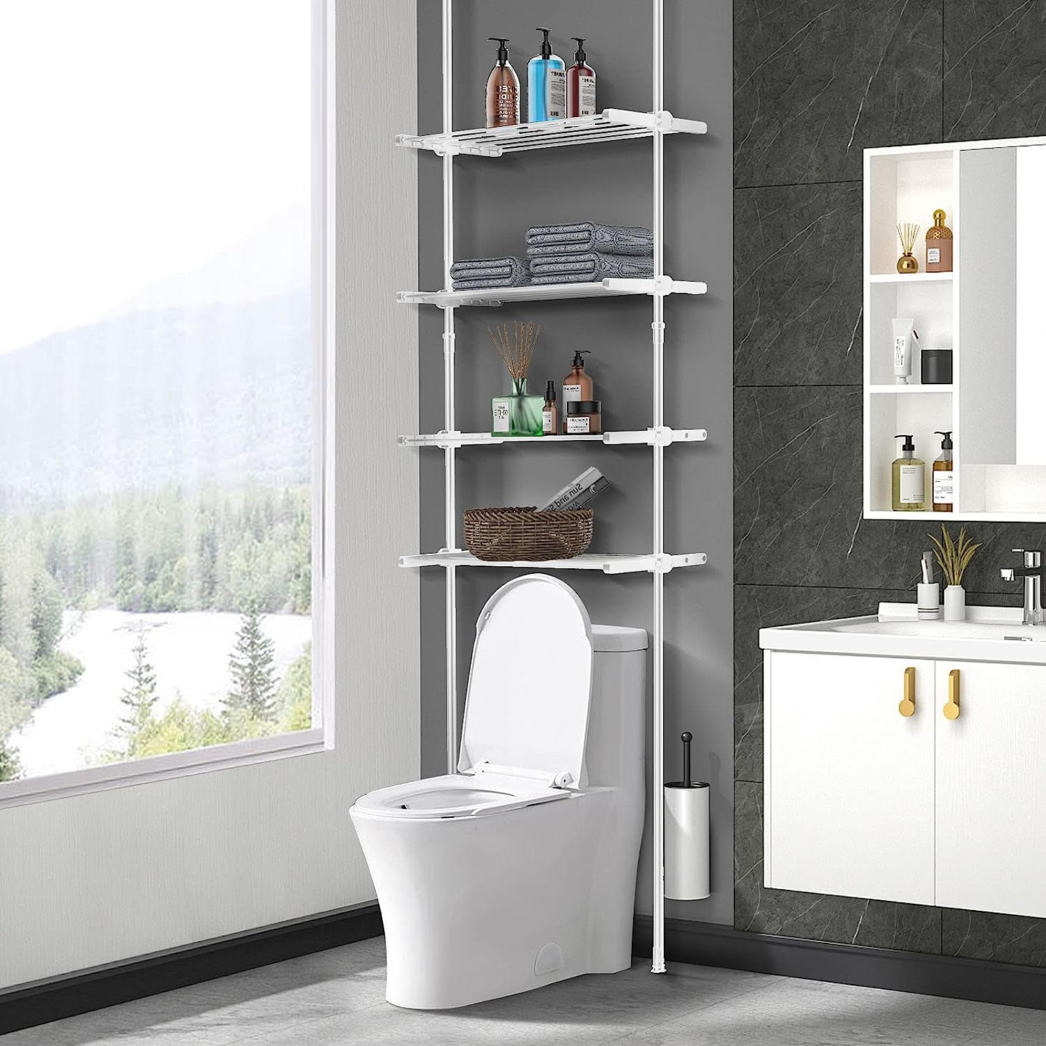 Bathroom Organizer, 4-Tier Over-The-Toilet Storage, Adjustable Floor to Ceiling Storage Cabinet, Metal Bathroom Shelves for Small Room, Saving Space, 65 to 116 Inch Tall, White