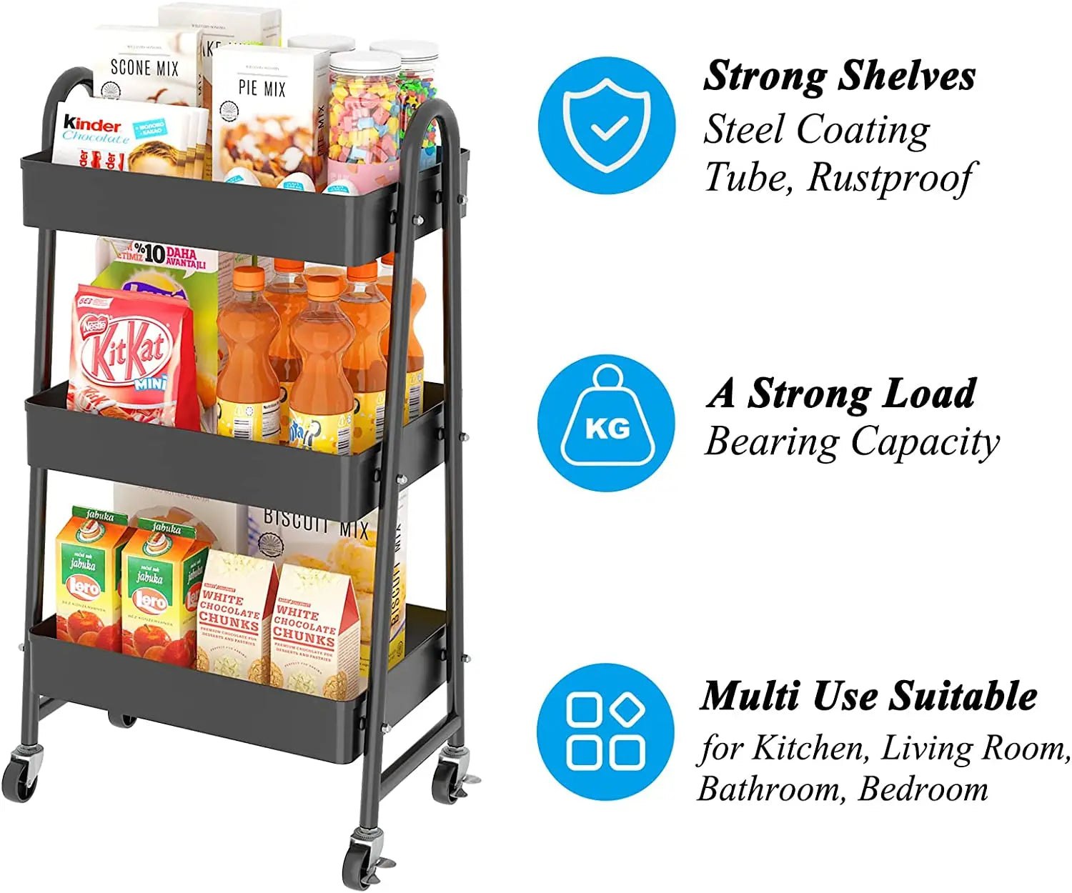 3 Tier Utility Rolling Cart, Heavy-Duty Mesh Storage Cart with Locking Wheels, Metal Mobile Trolley Cart for Home, Kitchen, Bathroom, Office, Black
