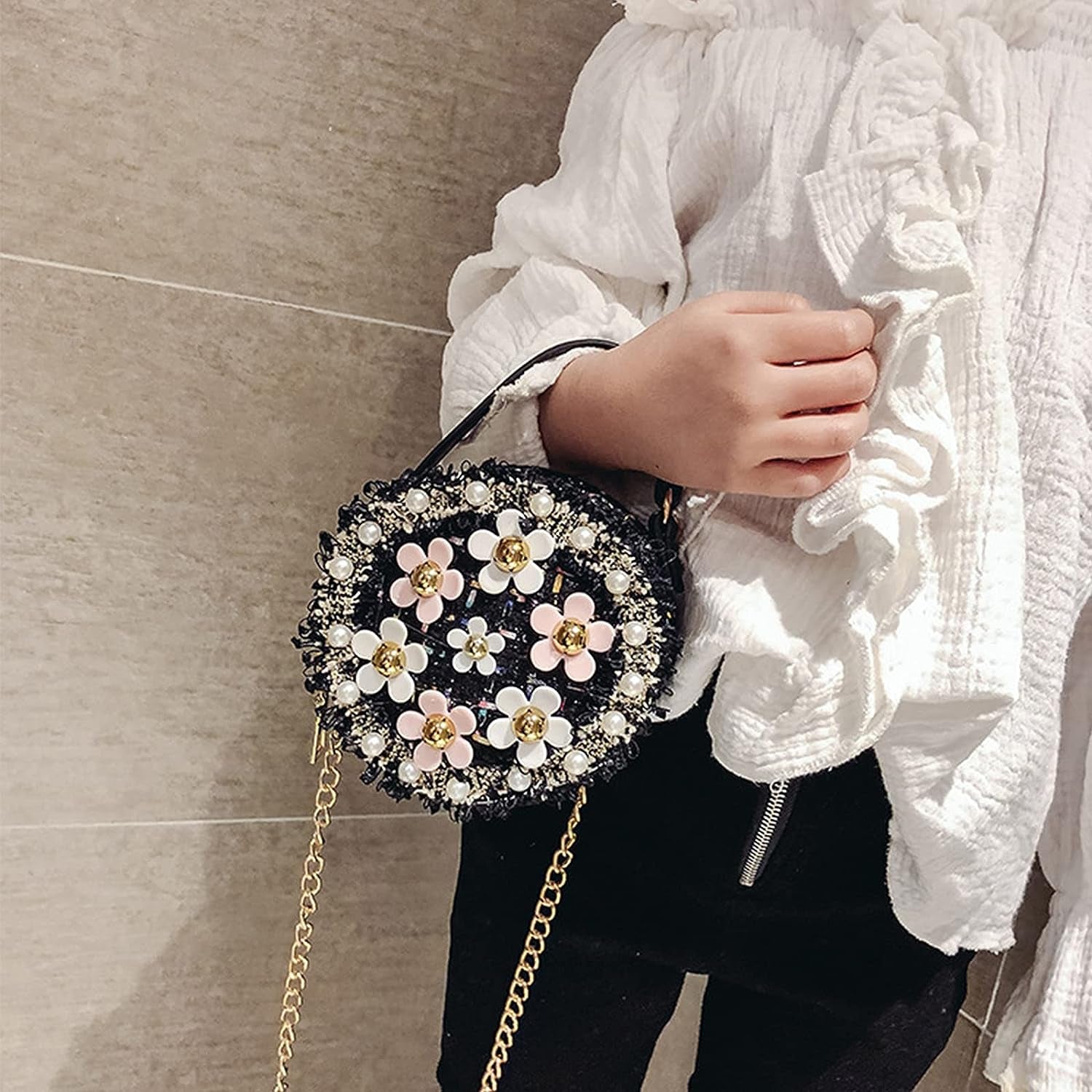Little Girls Crossbody Purse with Pearl Flowers Mini Cute Princess Handbags Shoulder Bag for Girls Toddler Kids