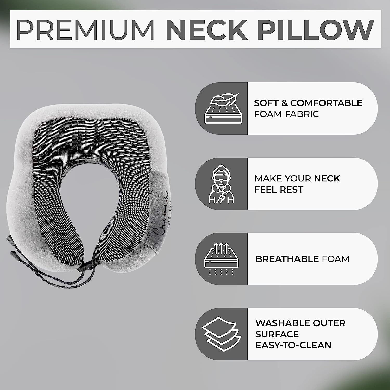 Travel Pillow - 100% Pure Memory Foam Neck Pillow with 360 Degree Comfortable & Breathable Head Support, Includes Luxury Bag, Sleep Mask & Earplugs for Airplane, Car, Train and Bus (Light Grey)