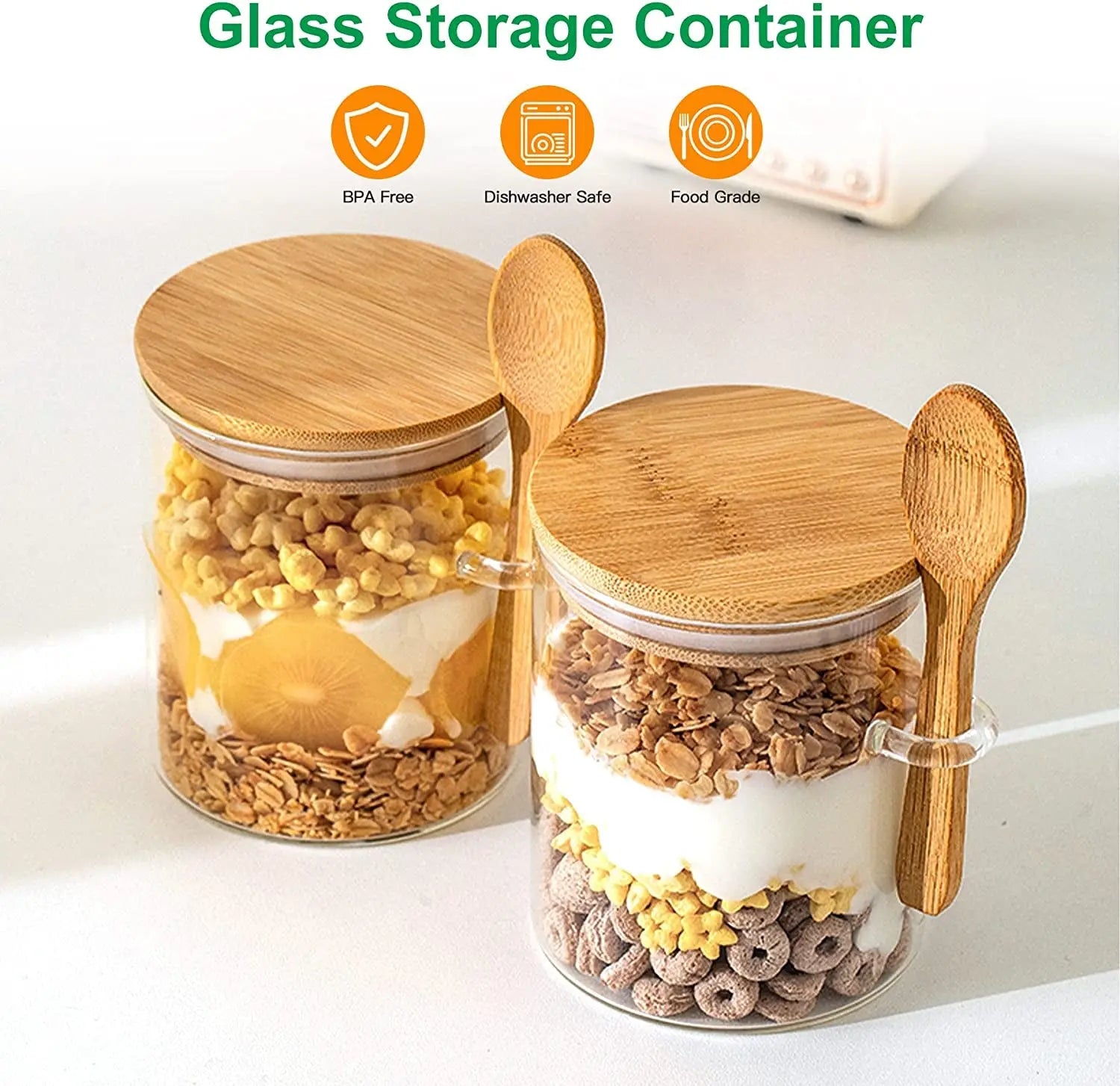 4 Pack Glass Jars with Bamboo Lid & Bamboo Spoons, 18 OZ Glass Food Storage Jars Borosilicate Glass Canisters for Coffee Bean, Sugar, Storage, Dry Goods, Cookie, Candy, Tea, Spices and More