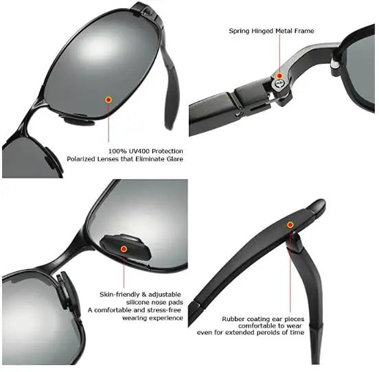 ZHILE Wrap Polarized Sunglasses Al-Mg Metal Temple Spring Hinged Nickel Free (Black, Grey) Pattan Australia