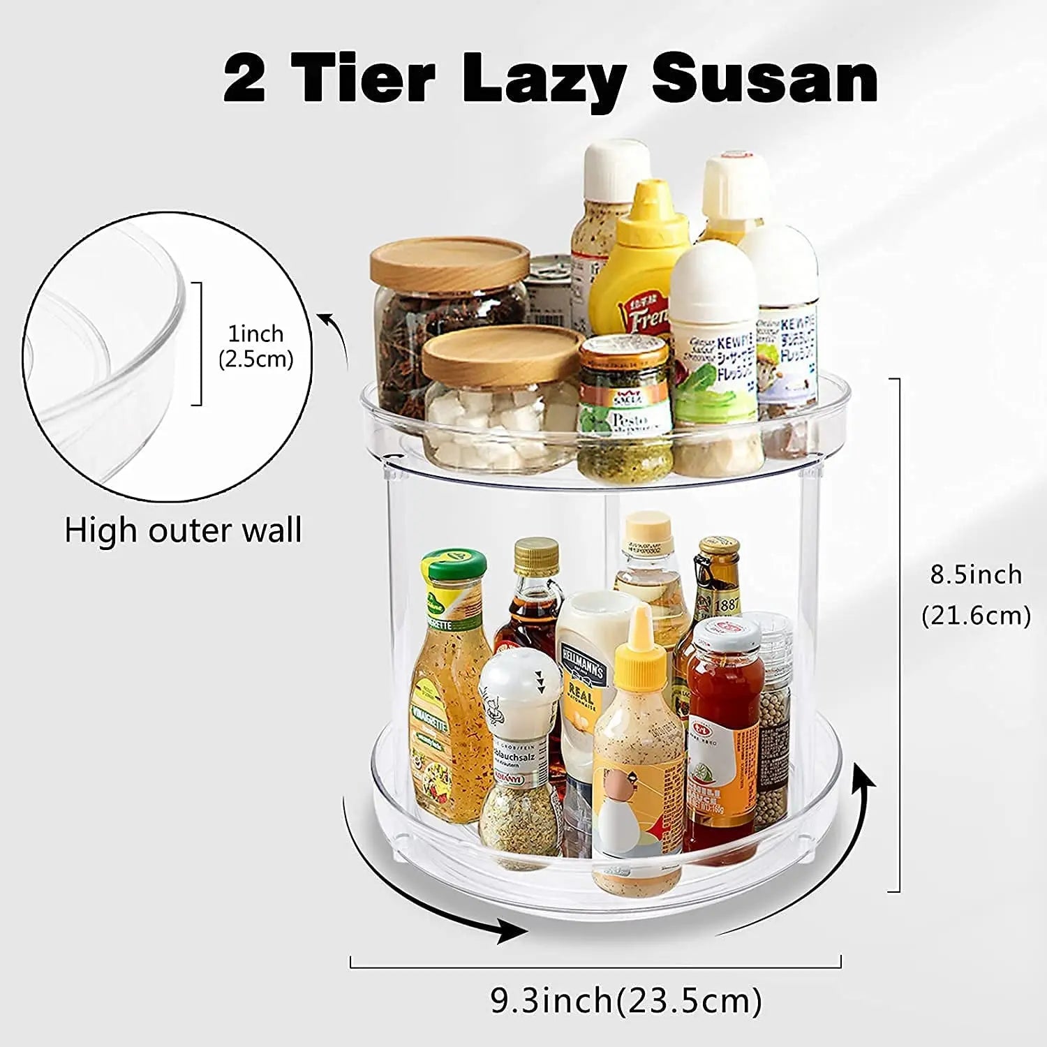 2 Tier Lazy Susan Turntable Cabinet Organizer Spice Storage Rack, Rotating Kitchen Cupboard Organiser, Storage Rack for Kitchen, Fridge and Bathroom, Makeup Holder Cosmetic Storage Rack Clear