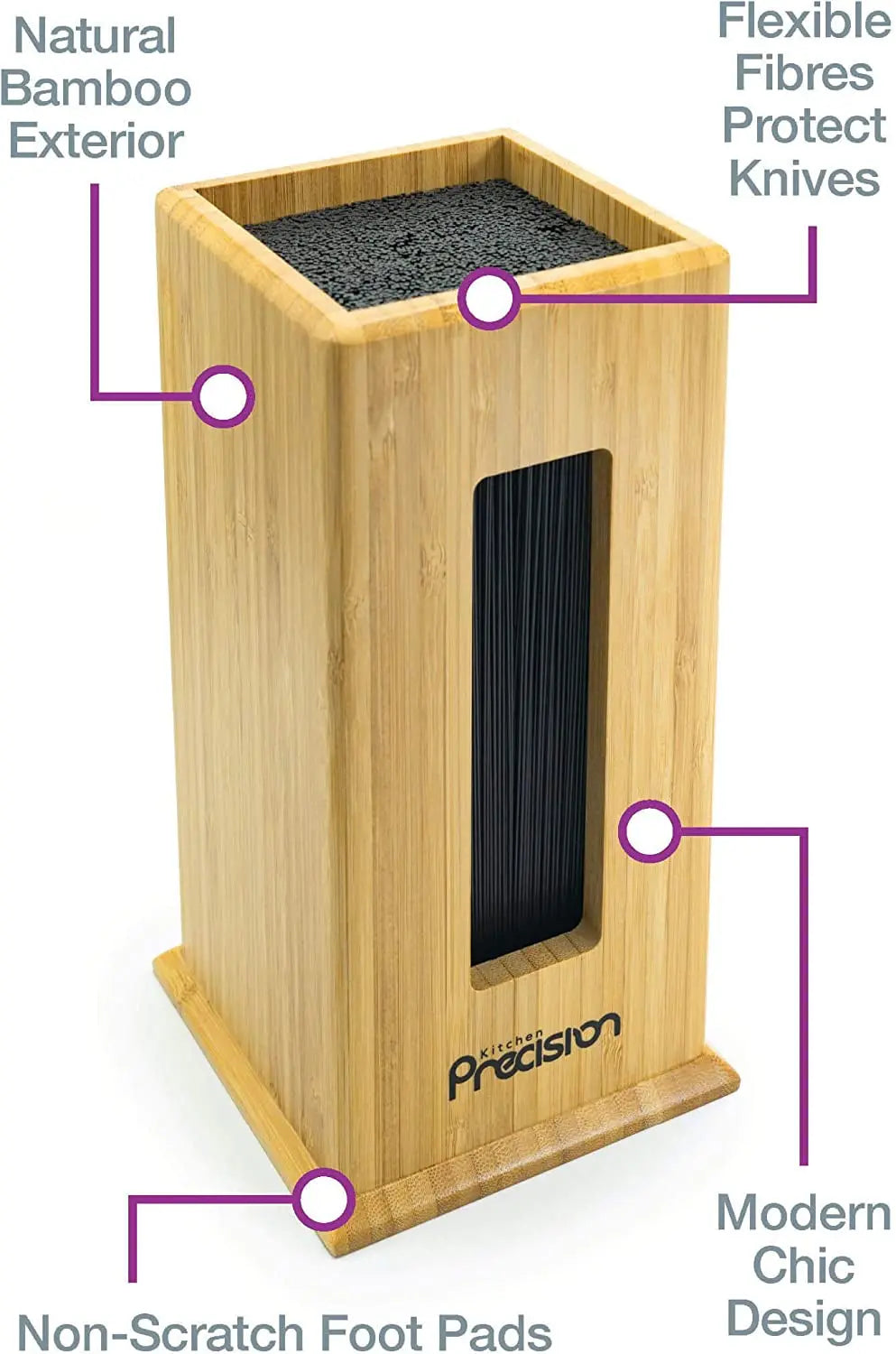 Square Knife Block Holder - Bamboo Knife Stand and Storage Organiser to save Kitchen Counter Space - Wooden Knife Holder for Large and Medium Knives - Kitchen Storage & Organisation