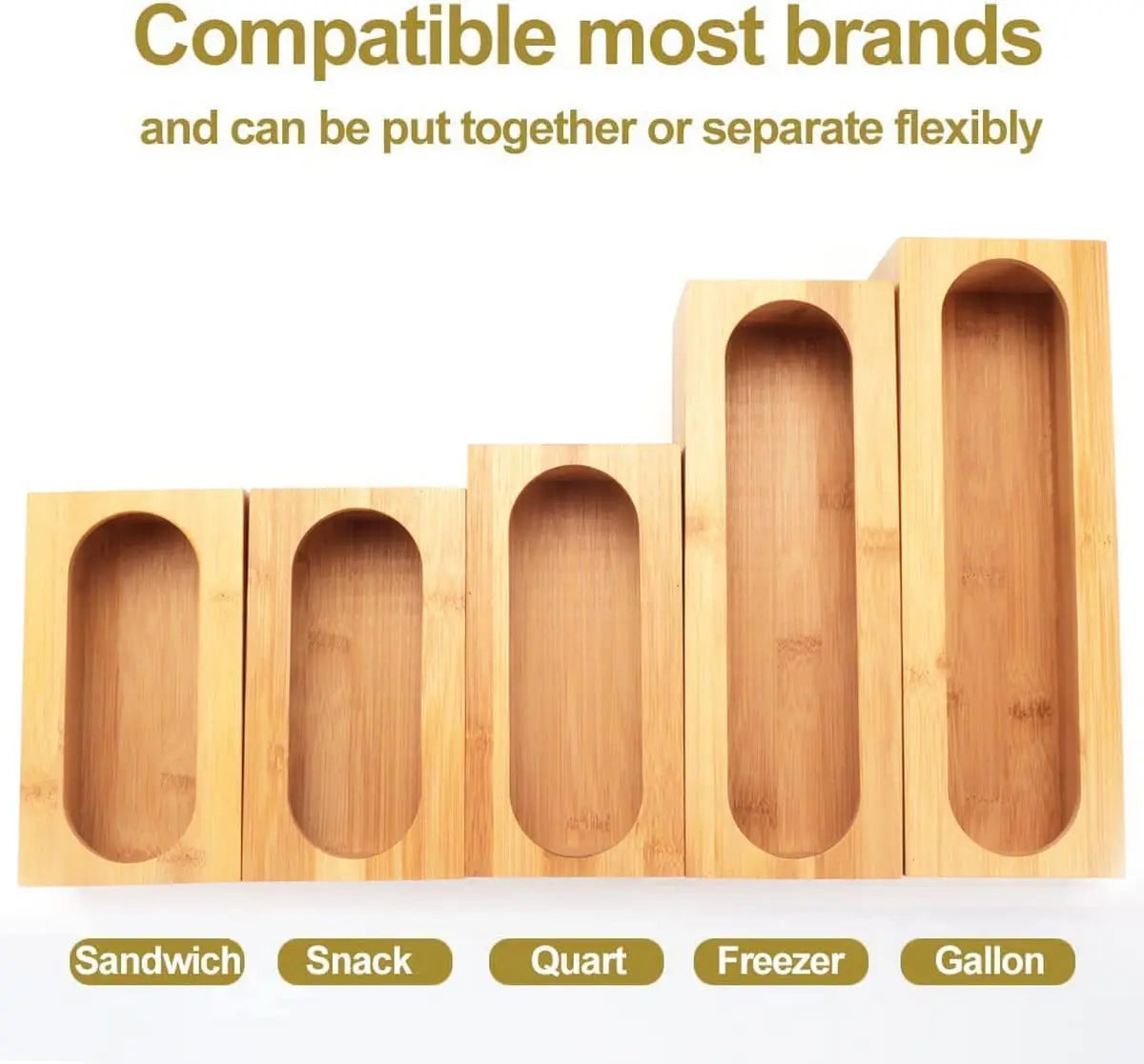 5 Pack Bamboo Storage Bag Organizer Food Storage Bag Organizer Holders Kitchen Drawer Dispenser Compatible with Gallon, Quart, Sandwich, Snack, Candy Variety Size Bags