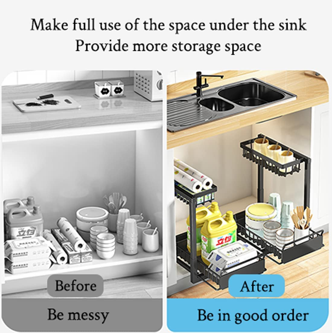 2 Pack under Sink Organiser,2-Tier Pull-Out under Cabinet Storage，Multi-Use for Kitchen Bathroom Organizers and Storage