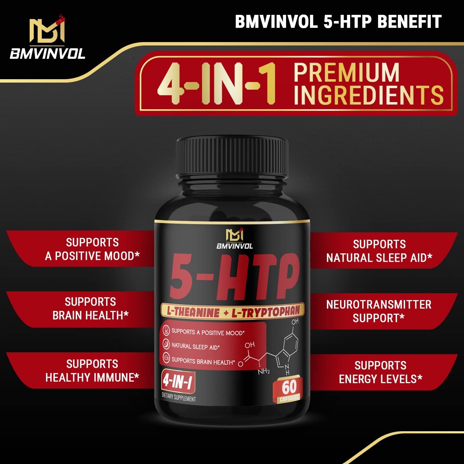 𝟓𝐇𝐓𝐏 Capsules with - 𝐕𝐢𝐭𝐚𝐦𝐢𝐧 𝐁𝟔, 𝐋-𝐓𝐡𝐞𝐚𝐧𝐢𝐧𝐞, 𝐋-𝐓𝐫𝐲𝐩𝐭𝐨𝐩𝐡𝐚𝐧 - 5HTP Extra Strength Supplement - 5 Hydroxytryptophan