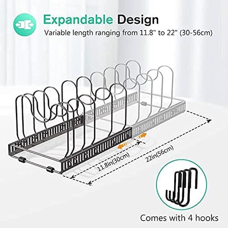 Pot Lid Organizer Pan Holder Rack with 10 Dividers and 4 Hooks, Expandable Cookware Rack for Kitchen Cabinet Cupboard Pantry, Skillet Frying Pan Pot Lid Storage -Bronze