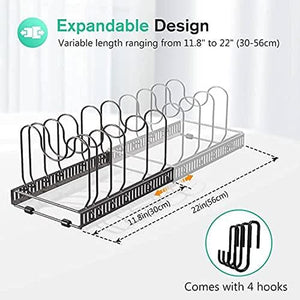 Pot Lid Organizer Pan Holder Rack with 10 Dividers and 4 Hooks, Expandable Cookware Rack for Kitchen Cabinet Cupboard Pantry, Skillet Frying Pan Pot Lid Storage -Bronze