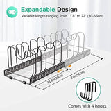 Pot Lid Organizer Pan Holder Rack with 10 Dividers and 4 Hooks, Expandable Cookware Rack for Kitchen Cabinet Cupboard Pantry, Skillet Frying Pan Pot Lid Storage -Bronze