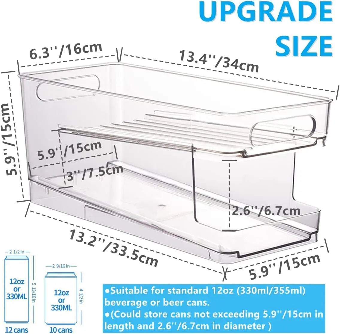Fridge Organiser, Refrigerator Storage Bins with Rolling, 2-Tier Can Dispenser, Drink Food Storage, Home Kitchen Organisation, Soda Beverage Container, for Fridge Freezer Pantry Countertop Cabinets