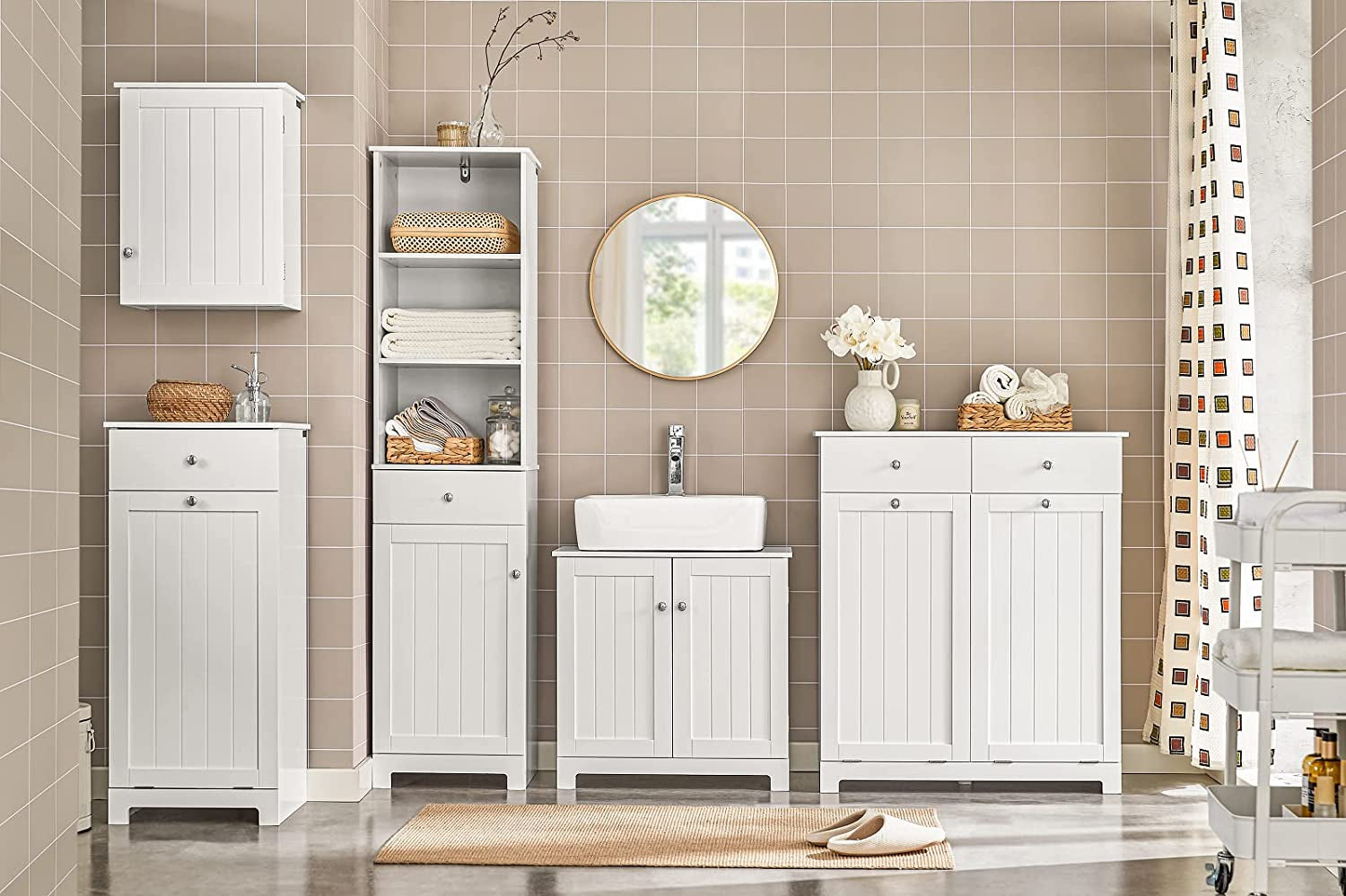 White Laundry Cabinet with Basket and Drawer, Tilt-Out Laundry Hamper, Storage Cabinet, BZR21-W