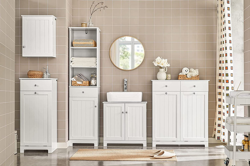 BZR33-W, 2 Drawers 2 Doors Laundry Cabinet Laundry Chest with 2 Removable Laundry Baskets, Bathroom Cabinet