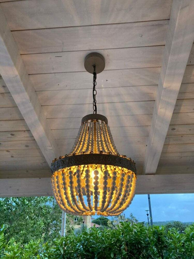 Retro Loft Vintage Rustic round Wooden Beads Pendant Lamp E27 Led Hanging Lamp Decor Lights Modern for Living Room Hotel Kitchen (Small)