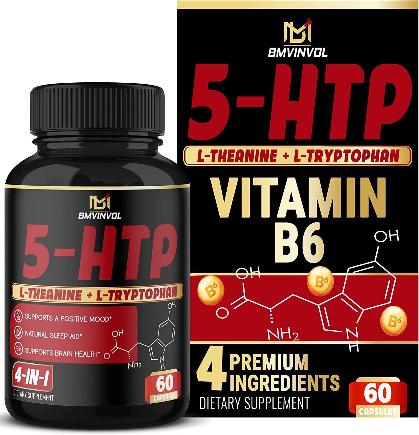 𝟓𝐇𝐓𝐏 Capsules with - 𝐕𝐢𝐭𝐚𝐦𝐢𝐧 𝐁𝟔, 𝐋-𝐓𝐡𝐞𝐚𝐧𝐢𝐧𝐞, 𝐋-𝐓𝐫𝐲𝐩𝐭𝐨𝐩𝐡𝐚𝐧 - 5HTP Extra Strength Supplement - 5 Hydroxytryptophan