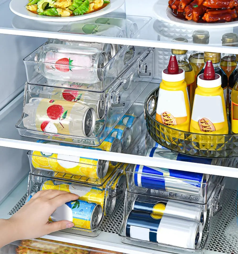 2-Pack Soda Can Organiser Bin for Refrigerator, 2-Tier Stackable Can Holder Dispenser with Automatic Rolling, Fridge Storage Rack, for Australia Beverage Beer Soda Seltzer Pop Can and Canned Food, for Fridge Freezer Pantry Cabinet Kitchen, Clear Design