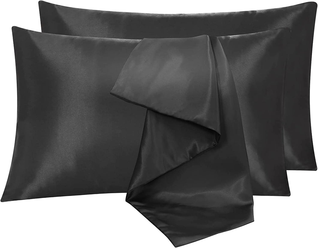Justlinen 2 Pack Satin Pillowcase for Hair and Skin Queen Size, Satin Pillow Case with Envelope Closure Luxury Pillow Cover, Cooling Pillow Cover for Curly Hair-Soft, Breathable, Wrinkle, Fade Resistant(51X76Cm)-Black