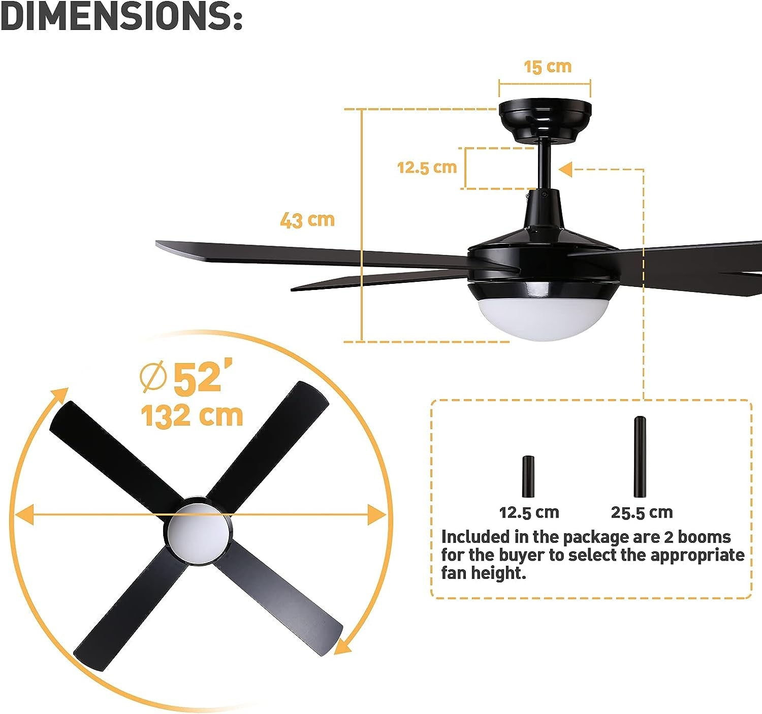 Morden Black Ceiling Fans with LED Light Kit and Remote, DC Motor 4 Reversible Blades 6 Speed, SAA Certificate- 52" (1320Mm)
