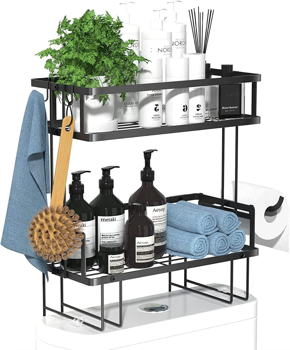 over Toilet Shower Caddy Storage Basket Shelf, 2 Tier Bathroom Storage Organizer, Free Standing Restroom Organizers for Paper Towels Shampoo, with Adhesive Base and Hooks, Space Saver