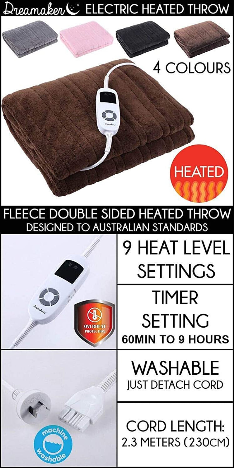 Double-Sided Electric Heated Coral Fleece Throw Rug Snuggle Blanket Double Overheat Protection Adjustable 9 Heat Settings Detachable Controller - 120X160Cm (Charcoal)