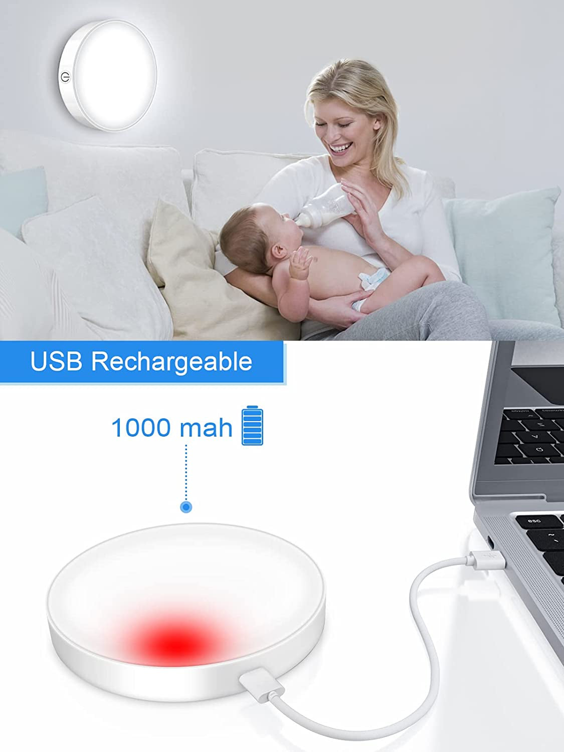 Dimmable Touch Light |  Buit-In 1000Mah Large Battery Rechargeable LED Tap Lights | Magnet Stick on Closet Light | Portable LED Puck Night Lights for Cabinet, Wardrobe, Counter, Kitchen, Bedroom