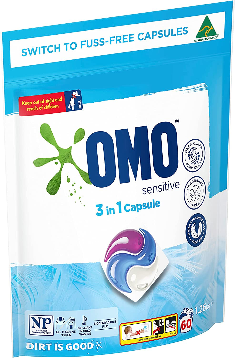 Sensitive 3 in 1 Laundry Detergent Liquid Capsules 60 Washes, 1.26Kg, Fragrance Free