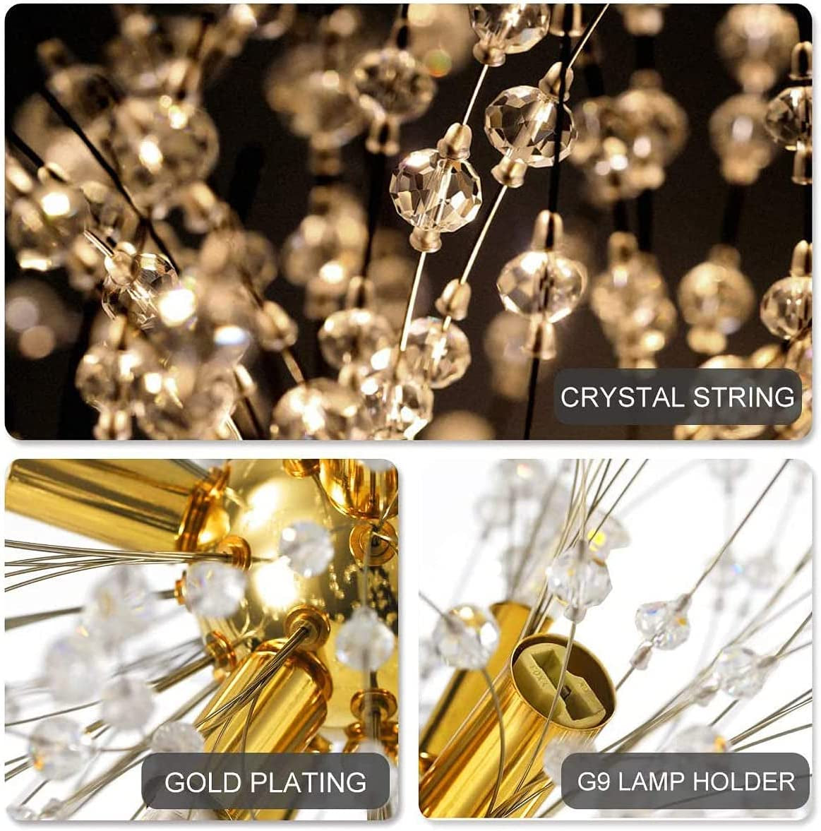 Modern Firework Chandeliers Dandelion Pendant Light, 8 Lights G9 Lamps Alloy Fixtures - with Bulb and 32 Strings Crystal, for Living Room, Bedroom, Dining, Foyer, Hallway, Shop (Gold, Warm Light)