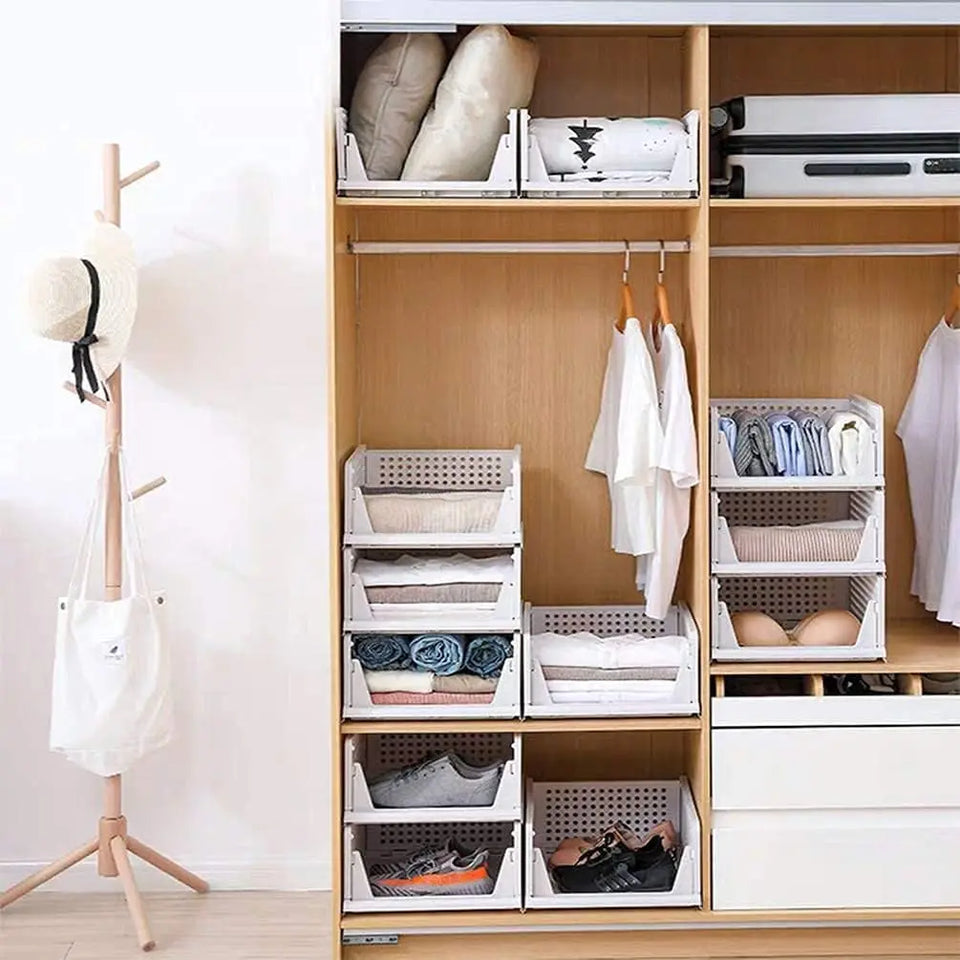UHAPEER Stackable Plastic Storage Basket-Foldable Closet Organizers and Storage Bins 3 Pack-Drawer Shelf Storage Container for Wardrobe Cupboard Kitchen Bathroom Office 3L