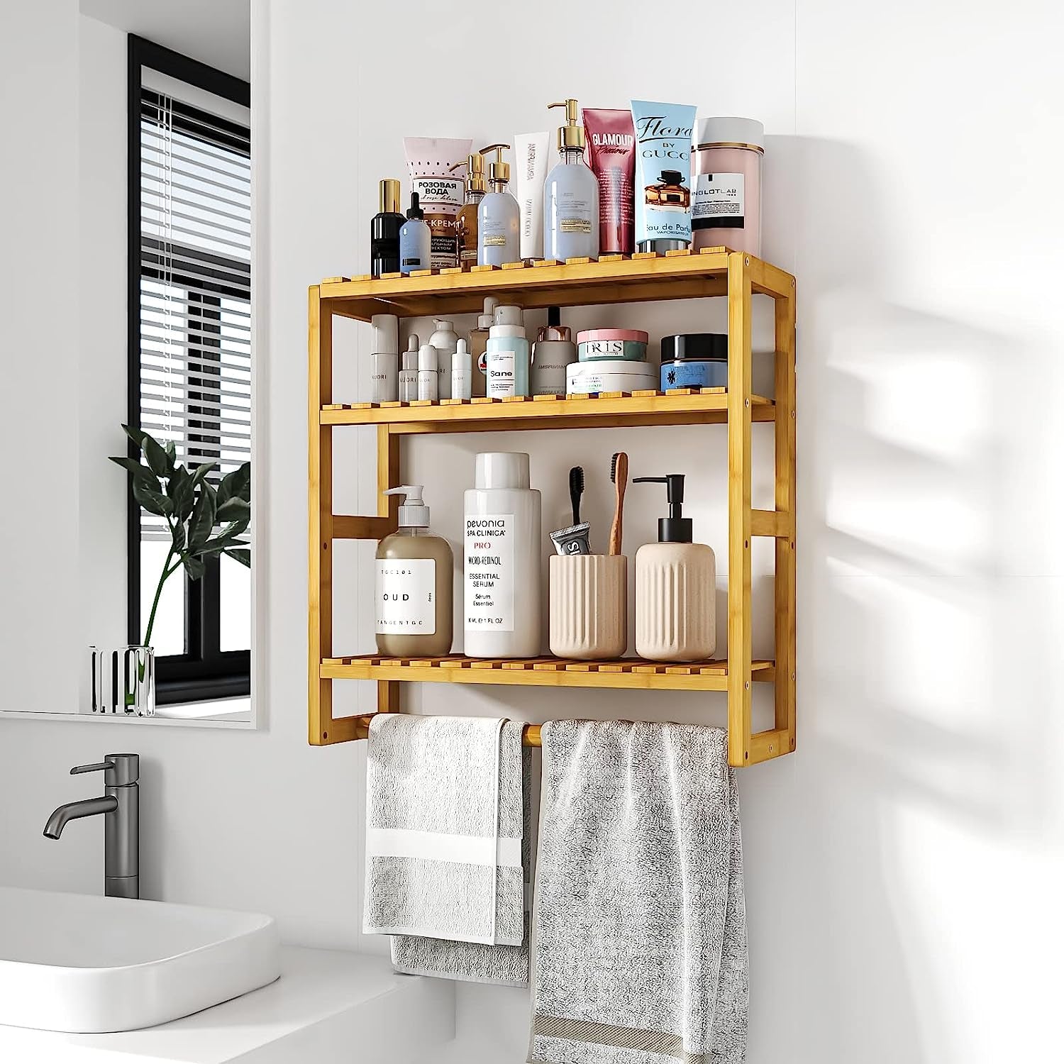 Bathroom Shelves for Storage Bamboo Adjustable 3 Tiers Plant Shelf over the Toilet Storage with Hanging Rod