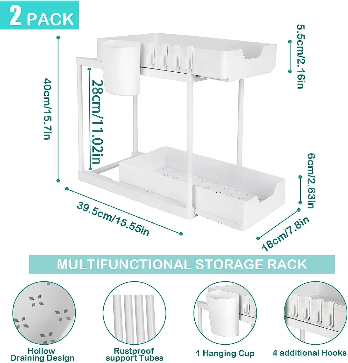 2-Tier Pull Out Sliding Drawer under Sink Storage Organiser for Kitchen Cupboard - Bathroom Organiser Sink Storage for Laundry Storage & Organisation (2 Pack)